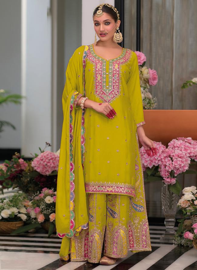 Chinnon Olive Ceremonial Wear Embroidery Work Readymade Plazzo Suit